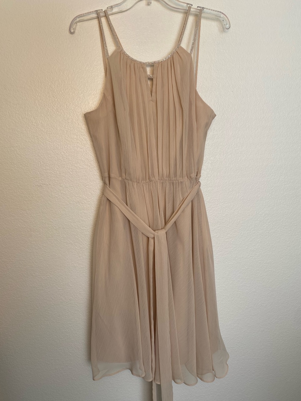 EUC David’s Bridal Blush Chiffon Beaded Strap Dress – Size 12